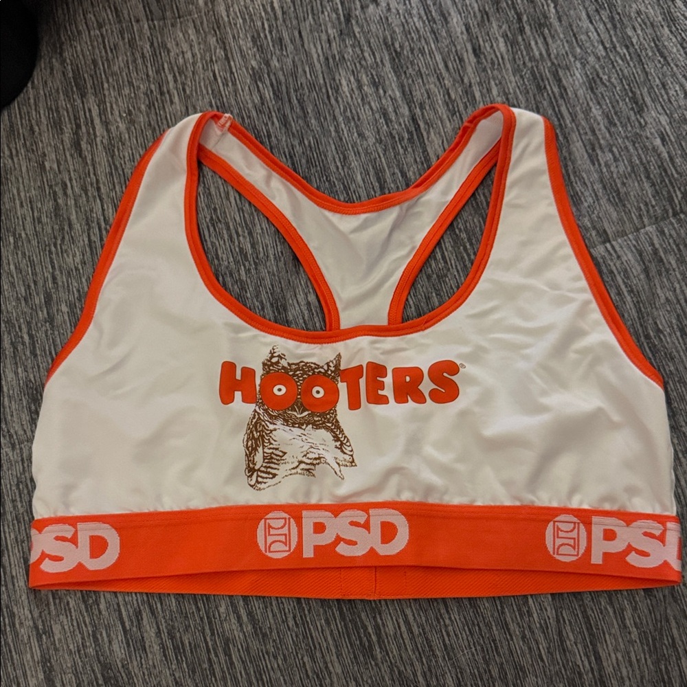PSD White and Orange Hooters Logo Sports Bra